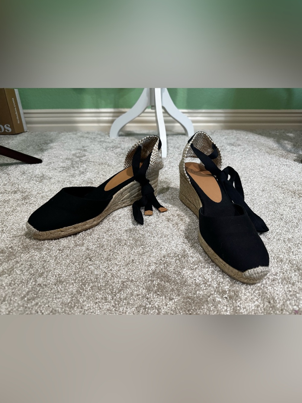 NEW!!! Castaner Carina Black Canvas Espadrille Wedge with Ankle Ribbon